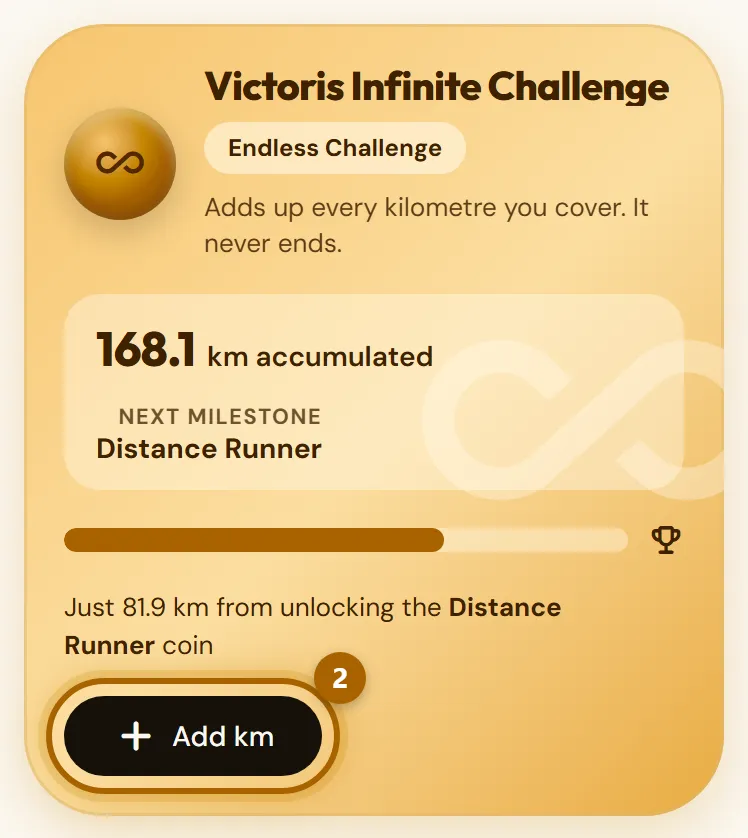 Endless Challenge card with the total kilometres and the «Add km» button highlighted.