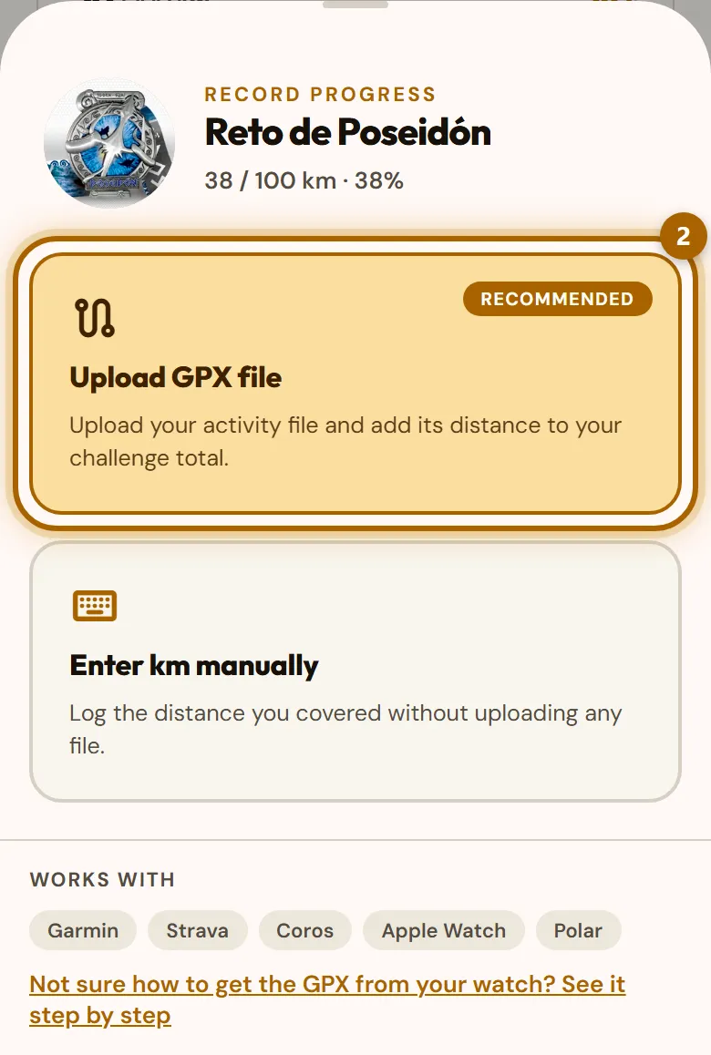 «Record progress» window with the «Upload GPX file» option highlighted.