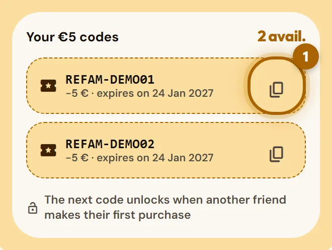 «Your €5 codes» list with a code and its copy button highlighted.