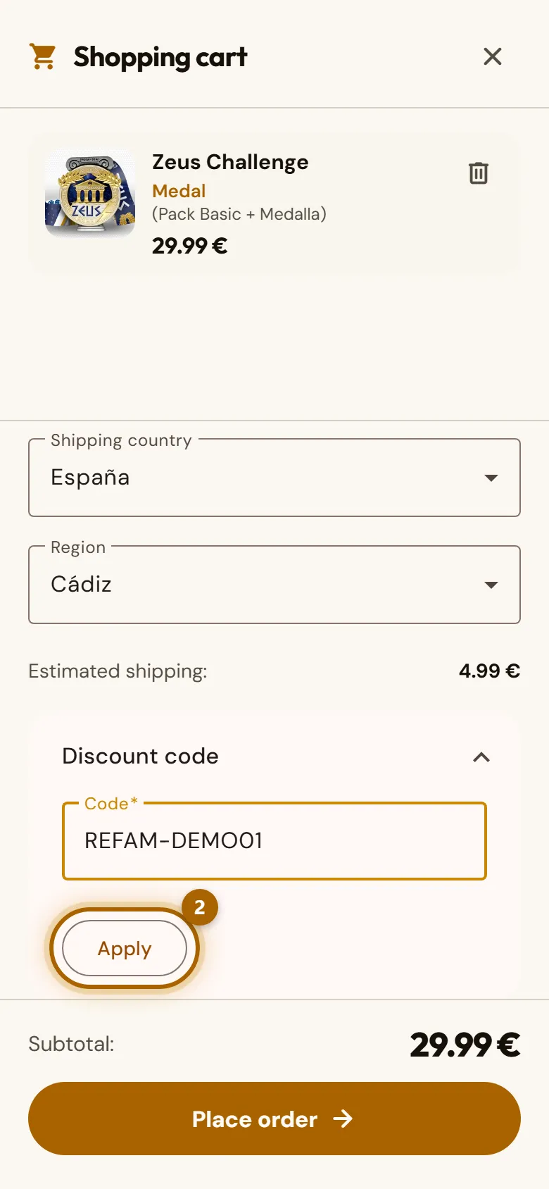 Basket with a code typed in and the «Apply» button highlighted.