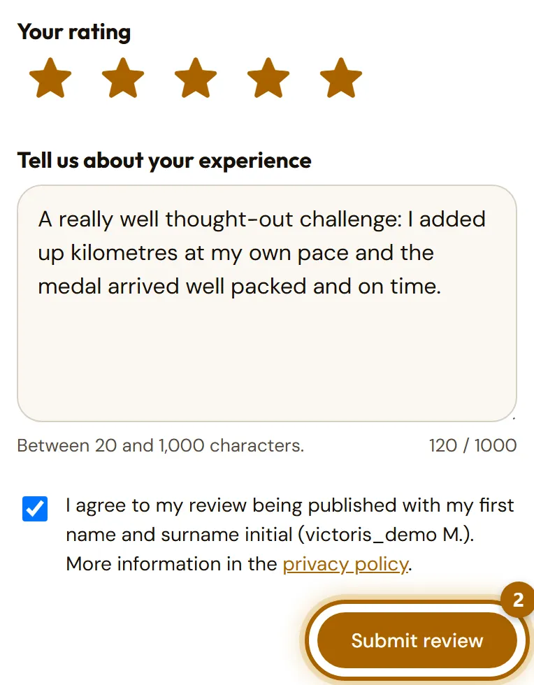 Review form with the stars, the text and the «Submit review» button highlighted.