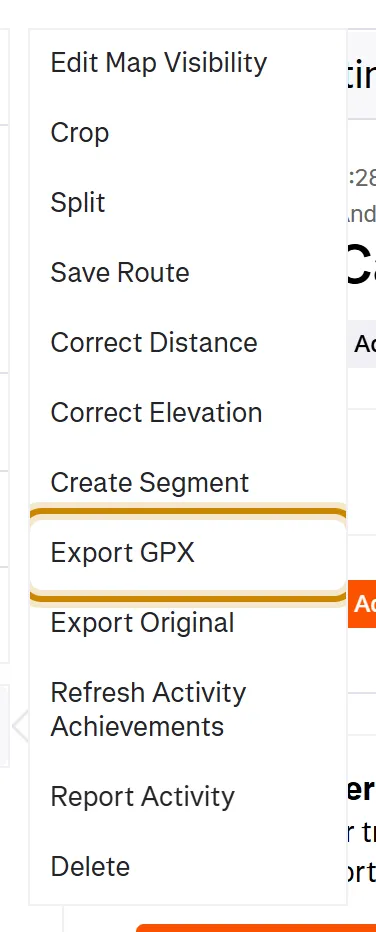Menú de la actividad de Strava con la opción «Exportar GPX» marcada.