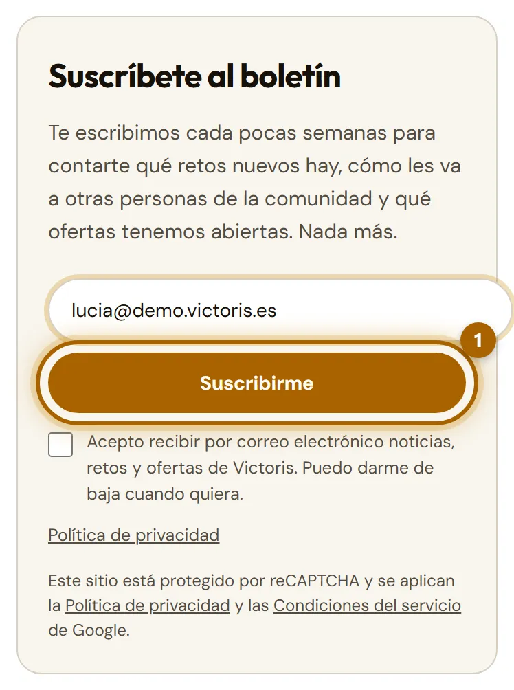 Formulario del boletín con el botón «Suscribirme» marcado.