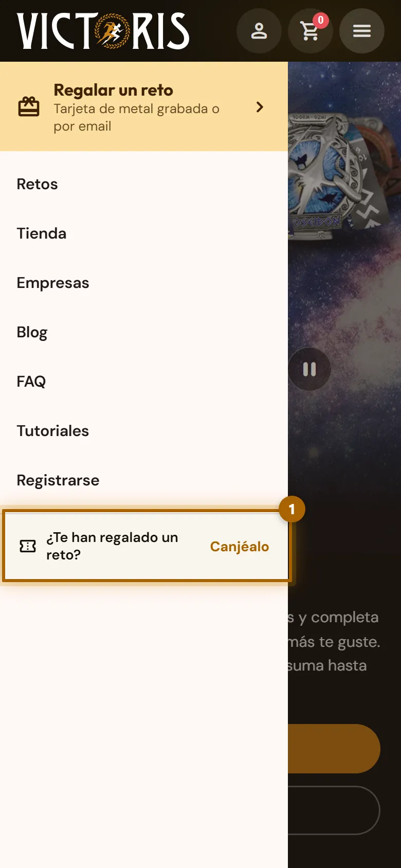 Menú con el enlace para canjear un regalo marcado.