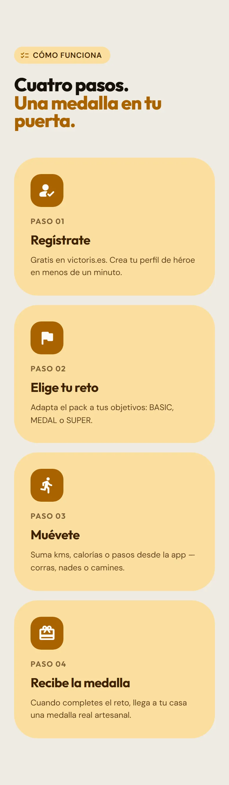 Los cuatro pasos de Victoris en la portada: regístrate, elige tu reto, muévete y recibe tu medalla.