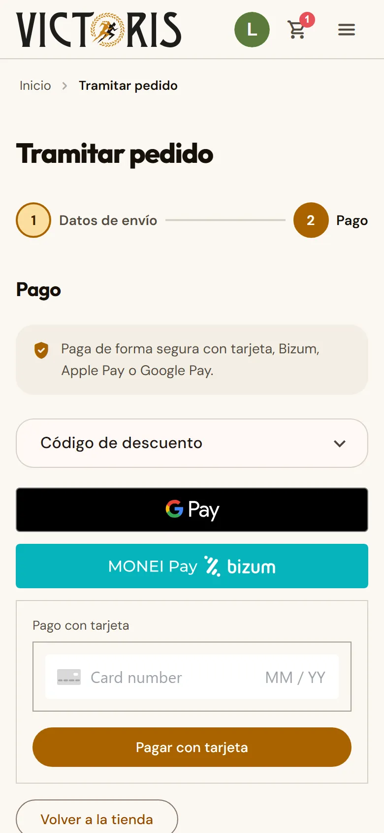 Paso de pago con las formas de pago y el resumen del pedido.