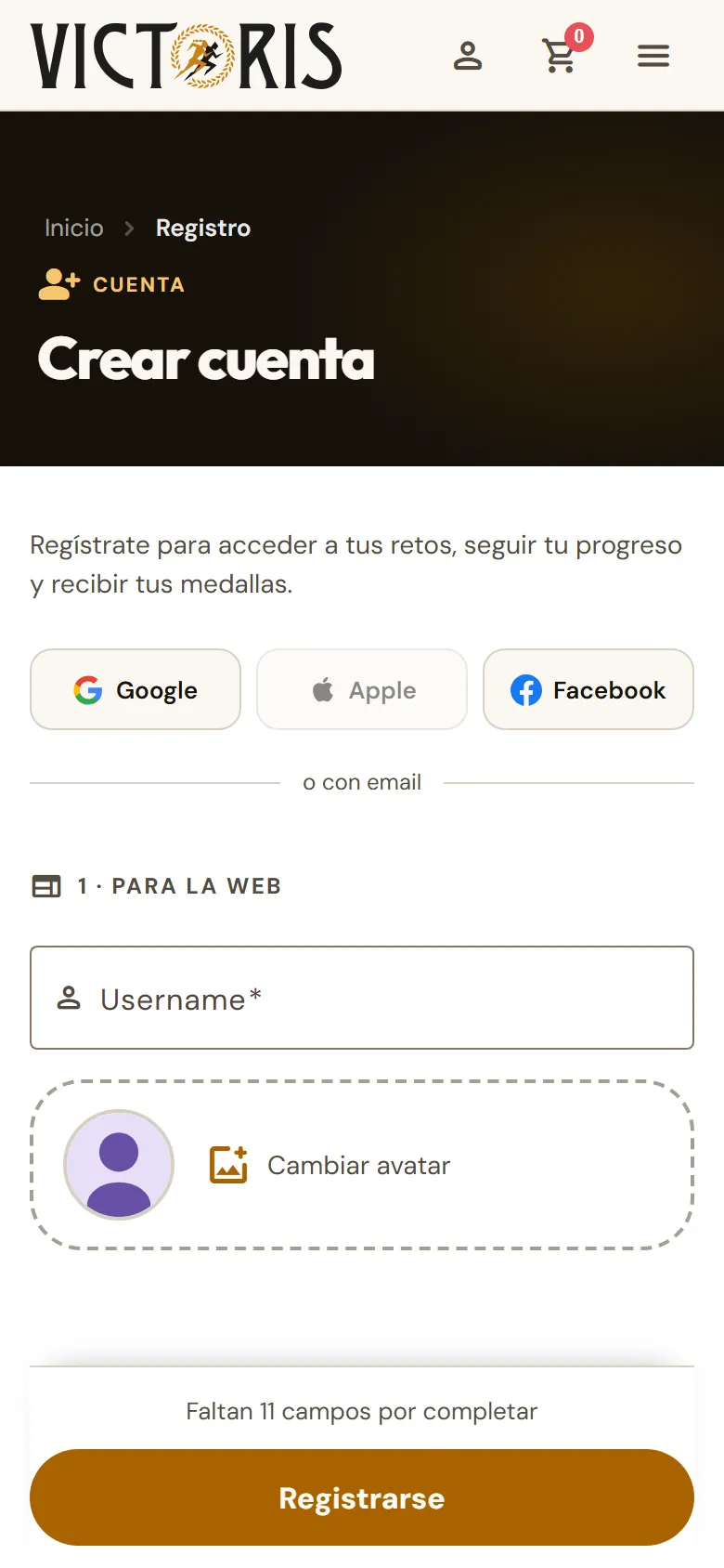 Página «Crear cuenta» con los botones de Google y Facebook arriba.