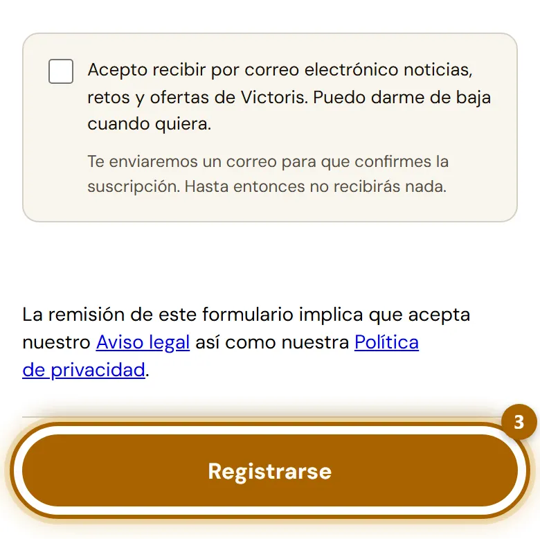 Final del formulario con la casilla del boletín y el botón «Registrarse» marcado.