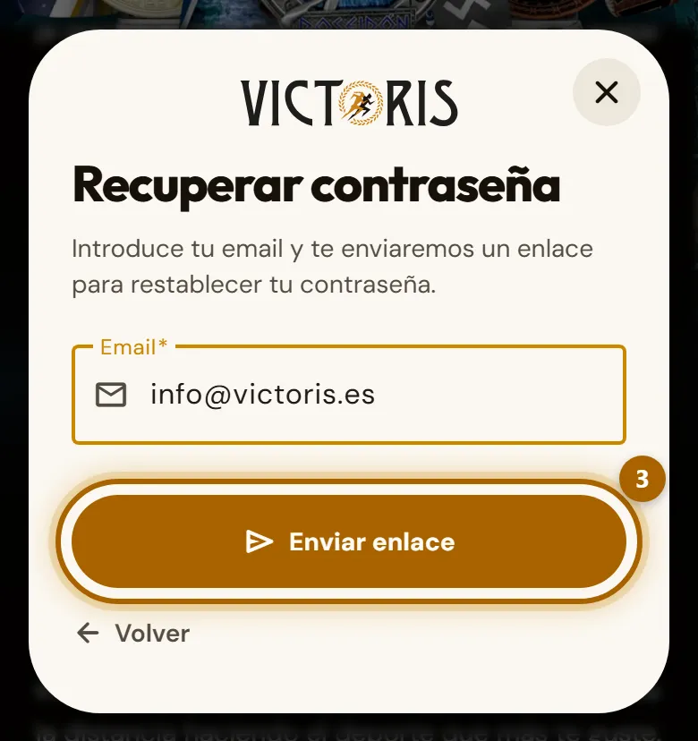 Ventana «Recuperar contraseña» con el botón «Enviar enlace» marcado.