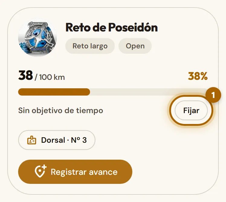 Reto en curso con el enlace «Fijar» marcado.