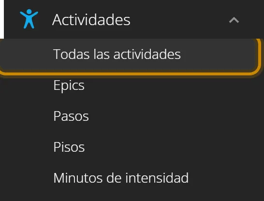 Menú de Garmin Connect con «Todas las actividades» marcado.
