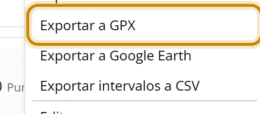 Menú de la rueda dentada con «Exportar a GPX» marcado.
