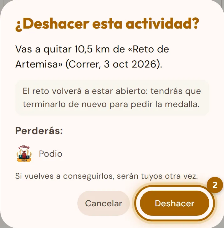 Ventana «¿Deshacer esta actividad?» con los kilómetros que se quitan, el aviso de que el reto vuelve a estar abierto y el botón «Deshacer» marcado.
