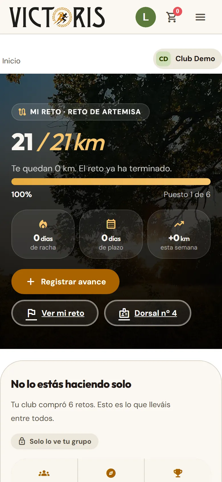 Página del equipo con el puesto del usuario y los totales del grupo.