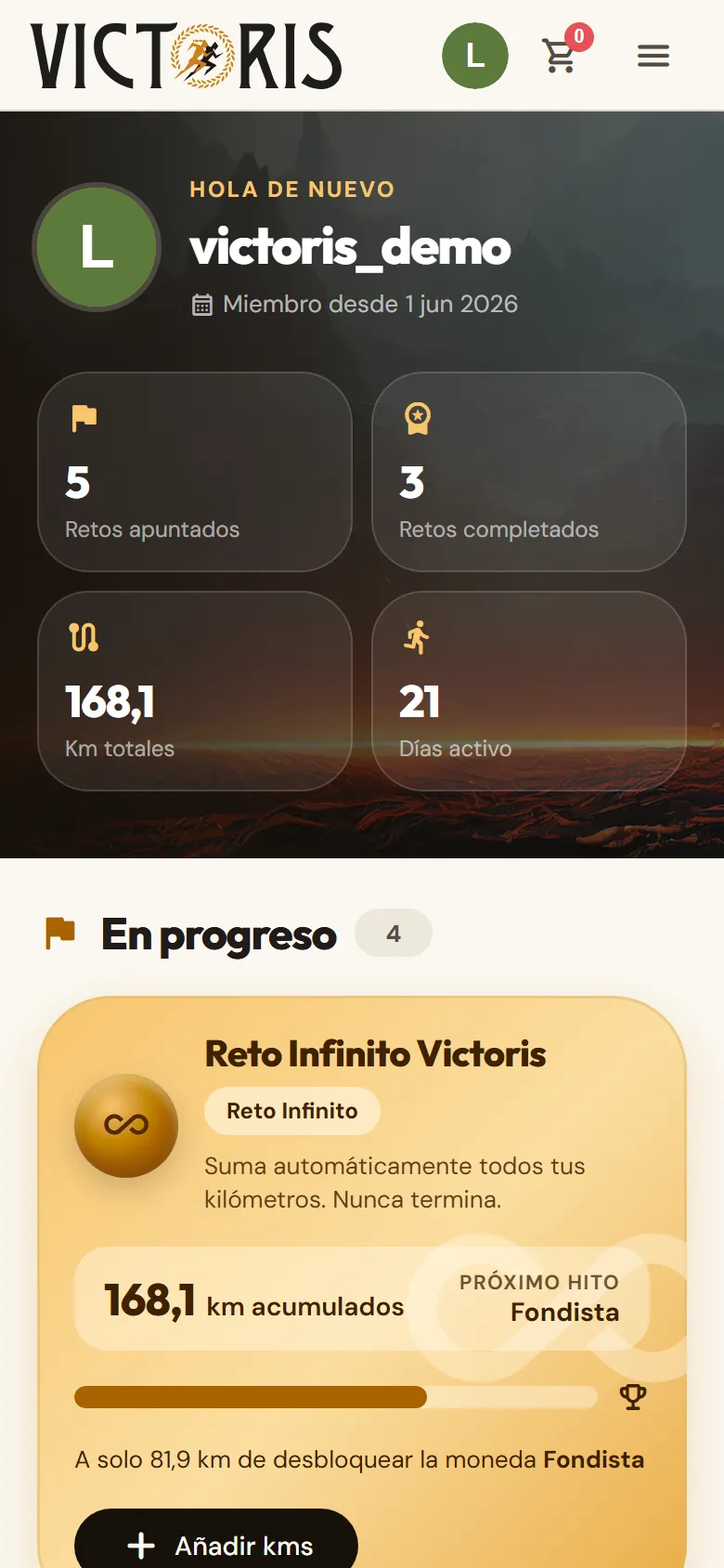 Cabecera del área personal con el saludo y las cifras del usuario.