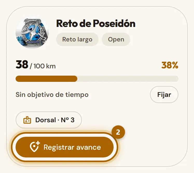 Un reto en progreso con su barra y el botón «Registrar avance» marcado.