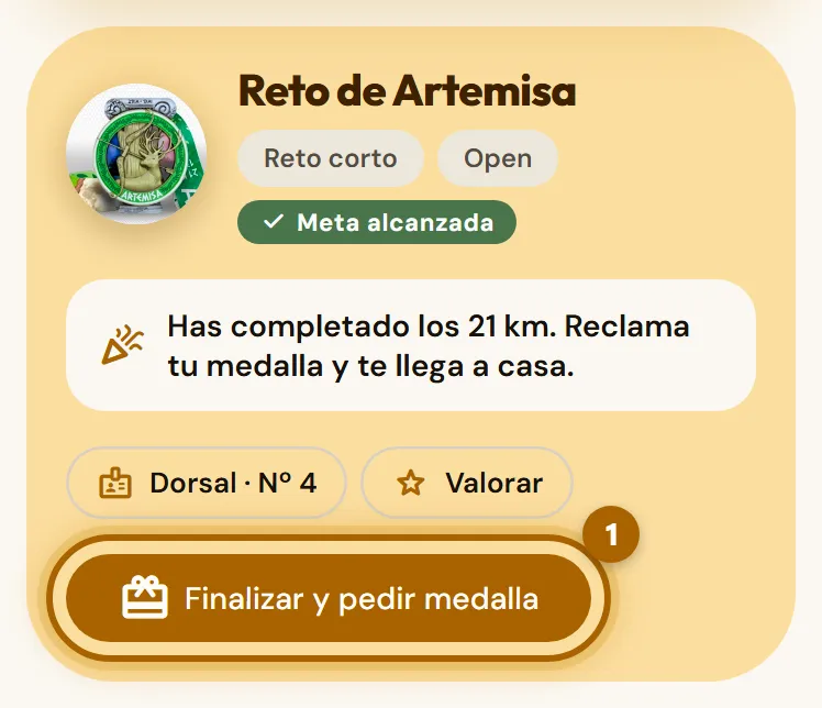 Reto completado con el botón «Finalizar y pedir medalla» marcado.