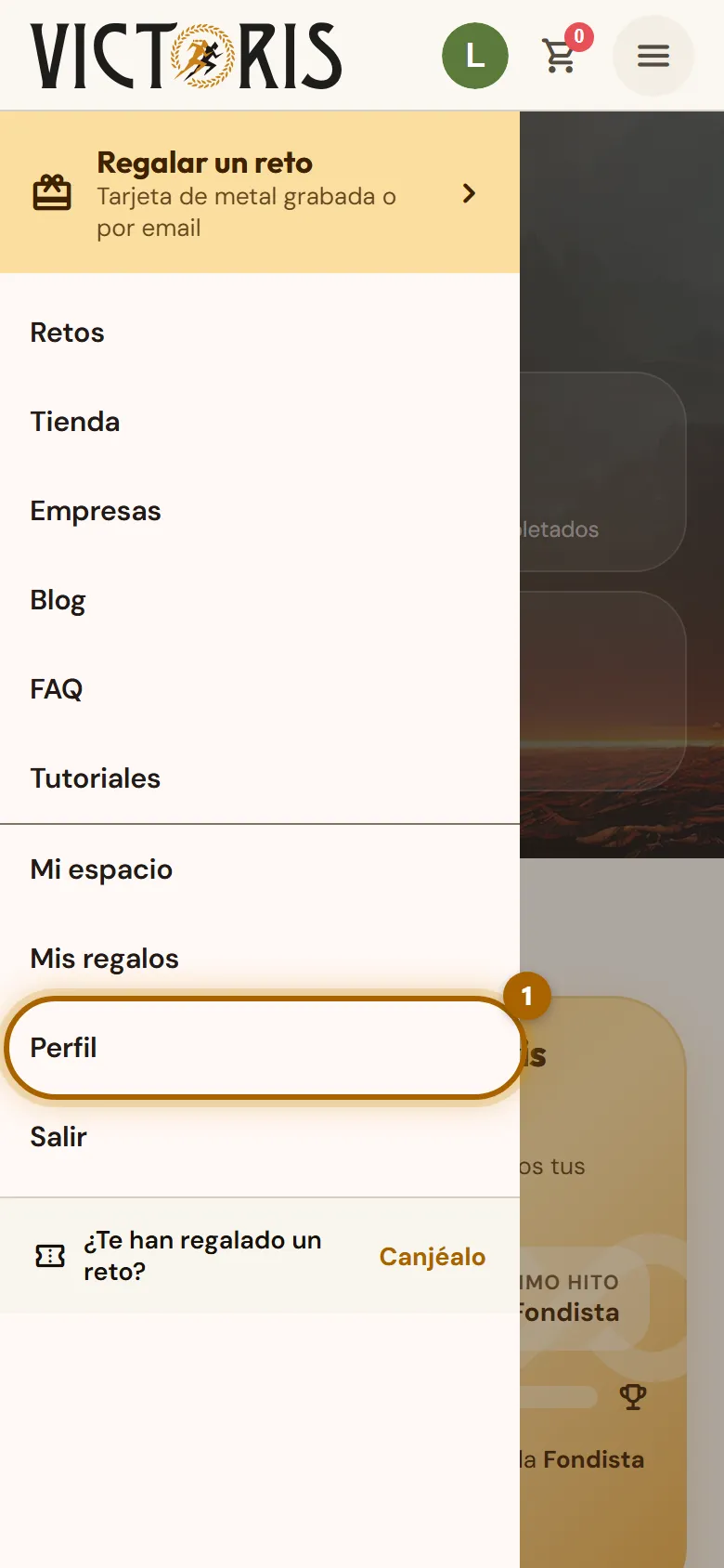 Menú abierto con la opción «Perfil» marcada.