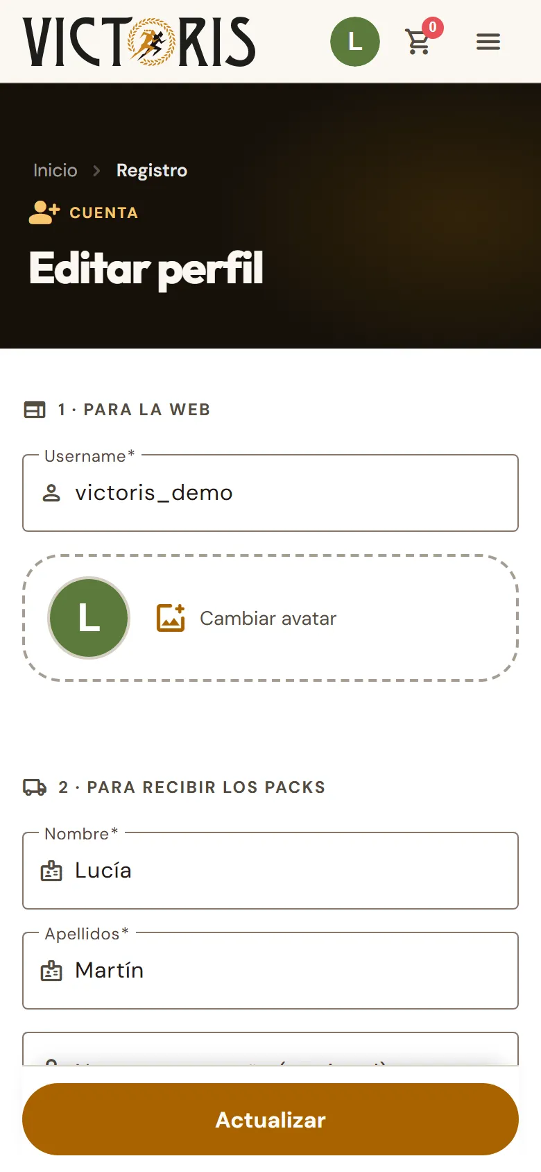 Página «Editar perfil» con los datos del usuario.