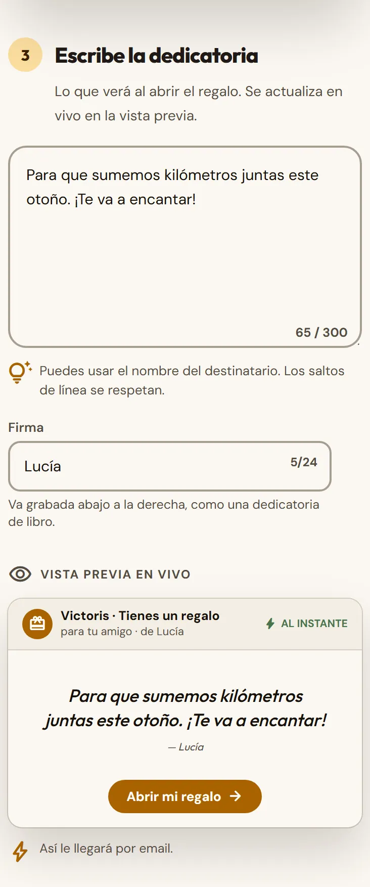 Dedicatoria escrita con la vista previa de la tarjeta.