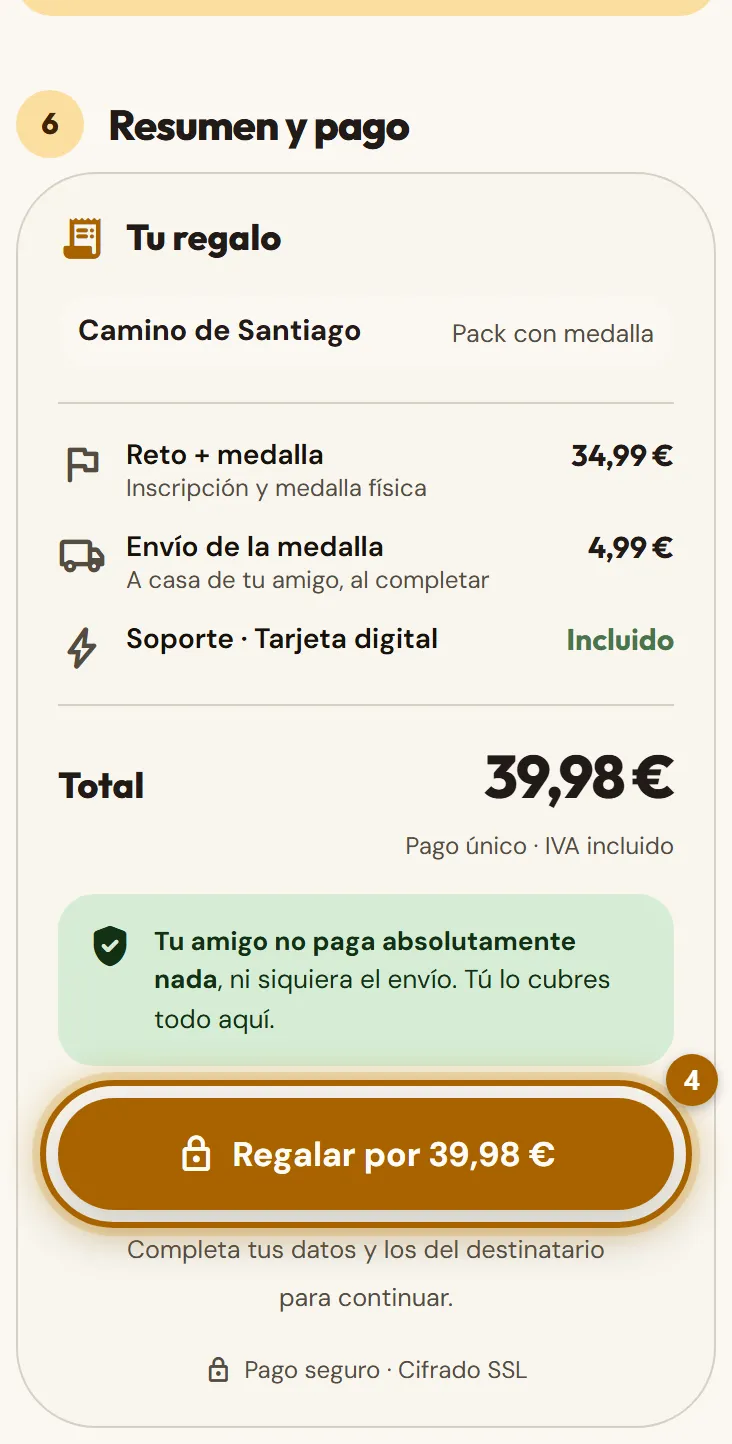 Resumen del regalo con el botón de pagar marcado.