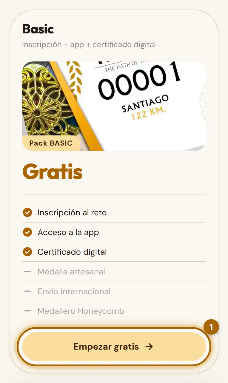 Pack Basic de un reto gratuito con el botón «Empezar gratis» marcado.