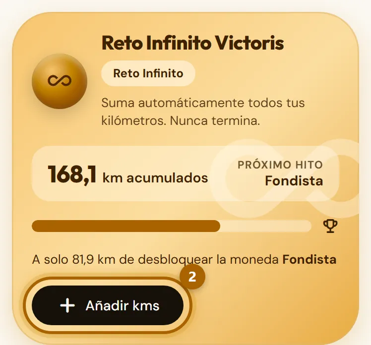 Tarjeta del Reto Infinito con los kilómetros acumulados y el botón «Añadir kms» marcado.