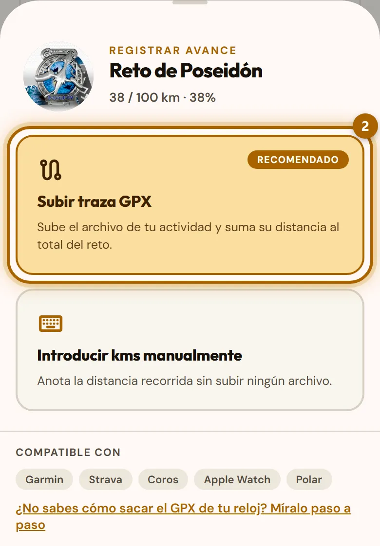 Ventana «Registrar avance» con la opción «Subir traza GPX» marcada.