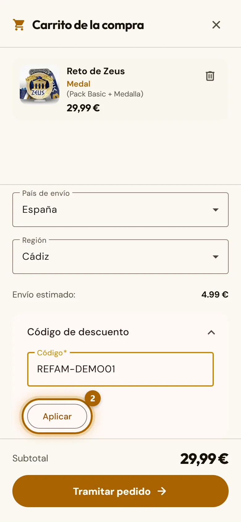 Carrito con un código escrito y el botón «Aplicar» marcado.